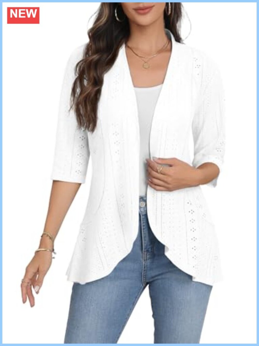 3/4 Sleeve Open Front Lightweight Knit Cardigan Ruffle Kimono Cover Up